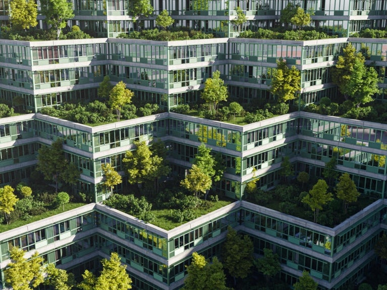 a building with green rooftops