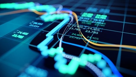 close up shot of a digital stock market tracking graph following a recent crash in prices. Bear market 3D illustration